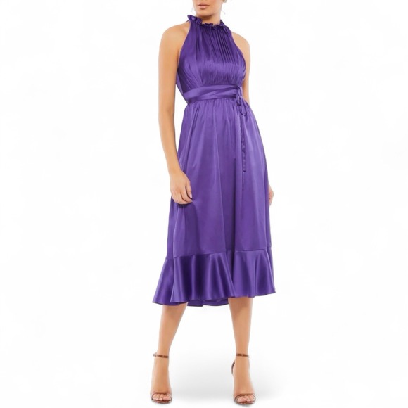 Mac Duggal 26633 Tea Length Dress Size 10 Purple Pleated Halter Neck Ruffle‎ Hem